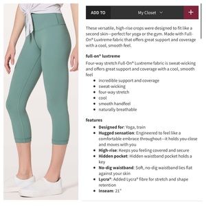 Lululemon Wunder Under Crop (Hi-Rise) *Full-On Luxtreme 21" size 6